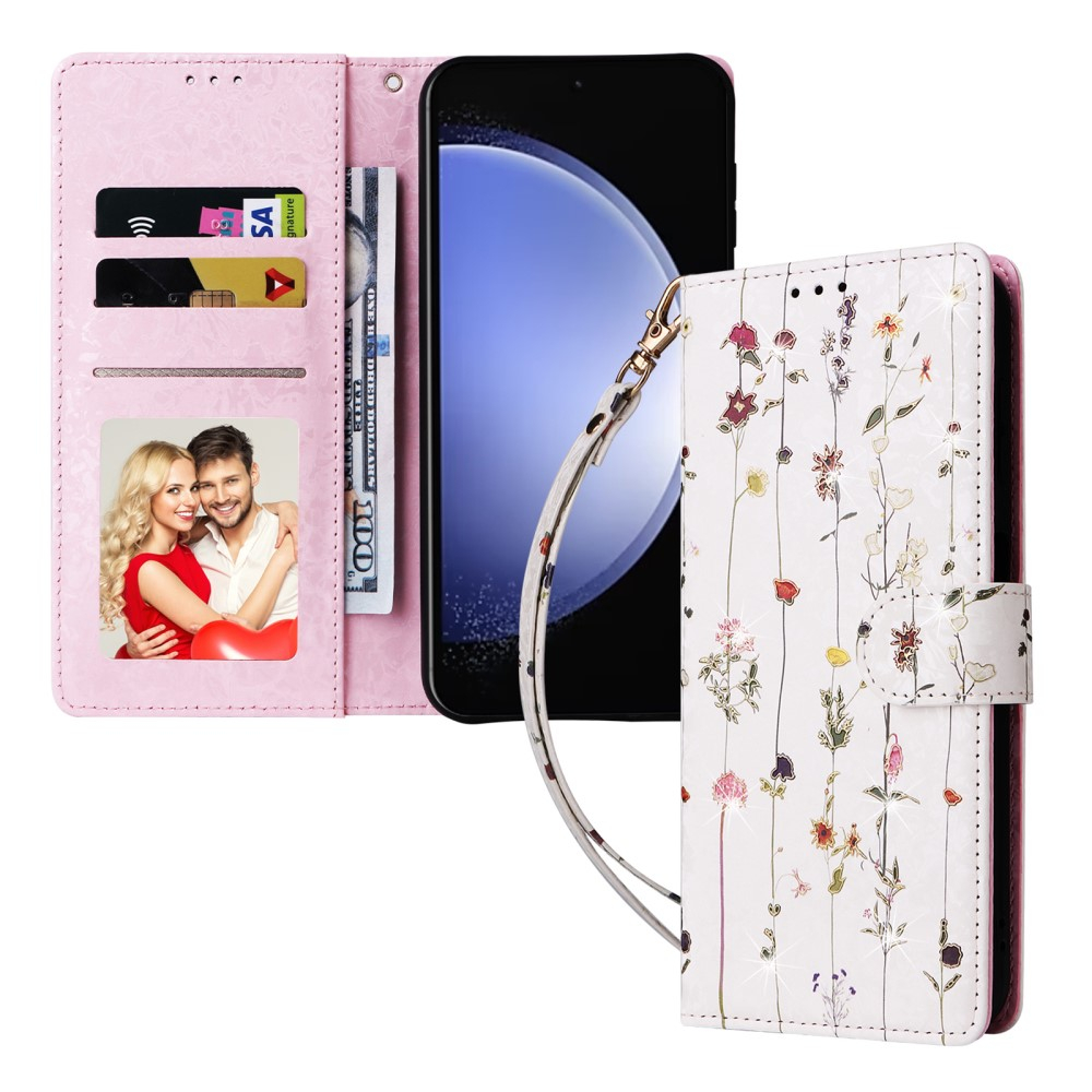 Samsung Galaxy S23 FE Leder Tasche mit Kartenfächer - Glitzer Blumenranken