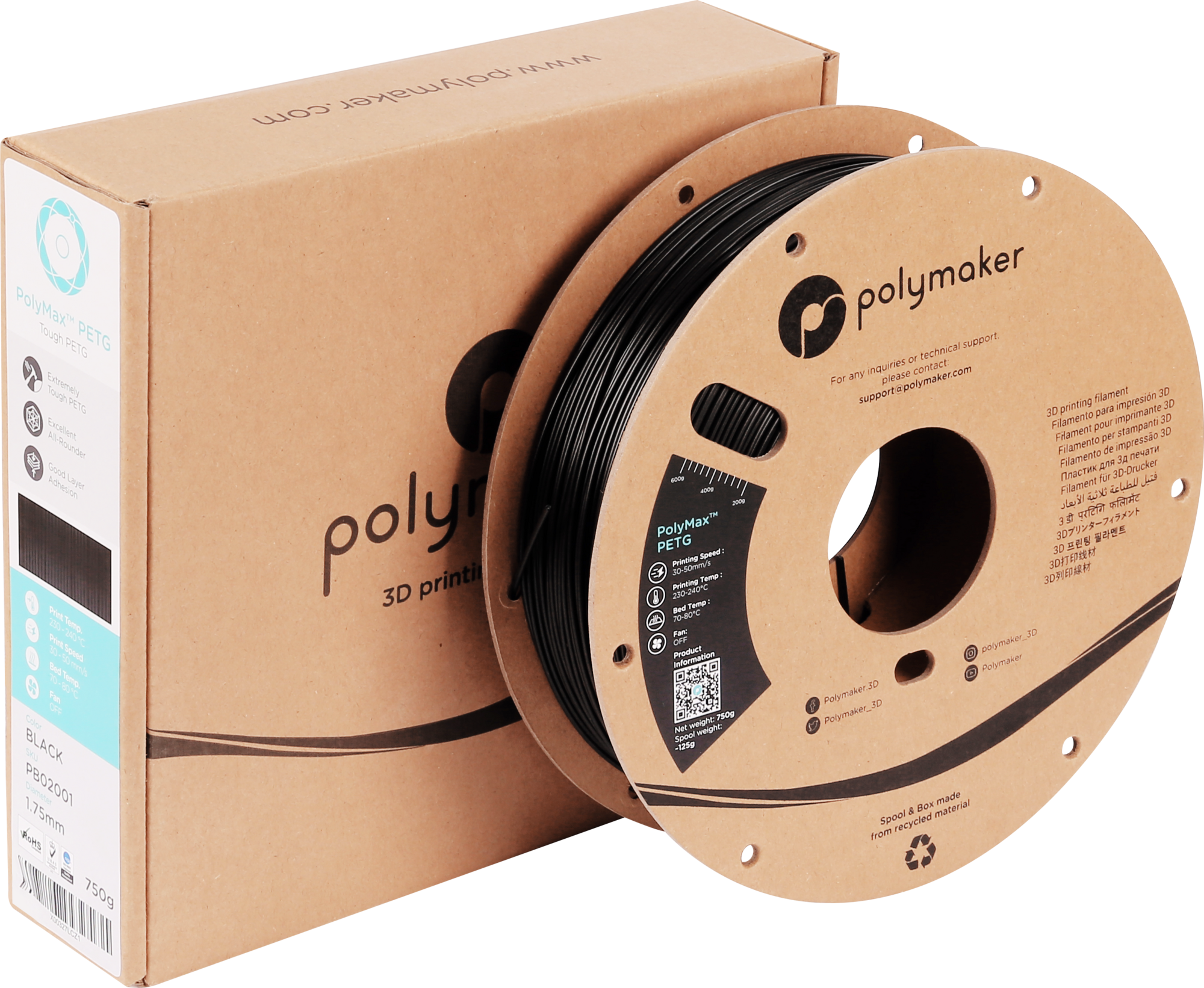 Polymaker  PolyMax PETG Schwarz, 1,75 mm (750 g)    Speziell verbessertes PETG Filament in Schwarz