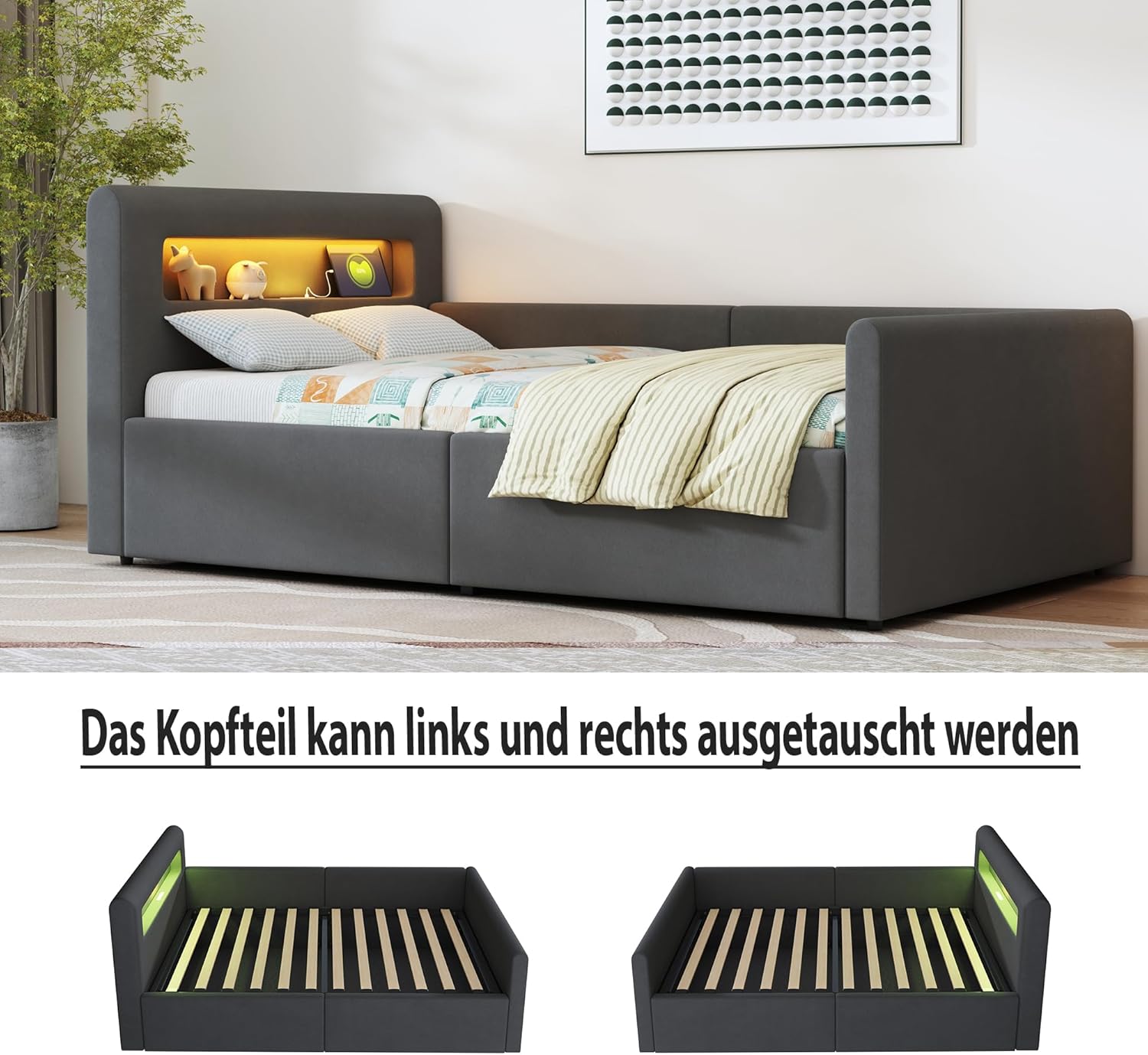 Modern Jugendbett 90x200 cm Polsterbett, Bett mit Lattenrost & Stauraum, Polster Kopfteil mit LED Nachtlicht & USB-Ladeanschluss, Samtstoff, Kinderbett für Jungen & Mädchen (Dunkelgrau)