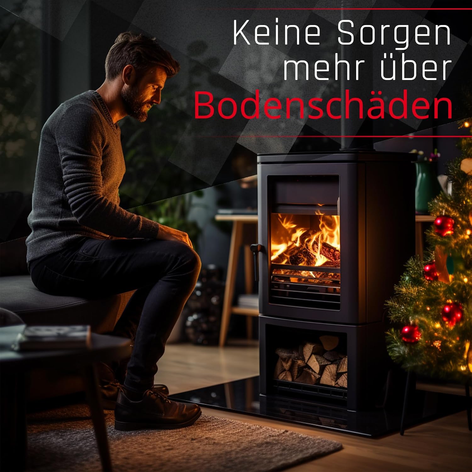 BIJON Funkenschutz-Platte Schwarz mit polierter Kante, Glasplatte Kaminofen, Kaminschutz mit ESG Sicherheitsglas, Kamin Zubehör, Kamin Glasplatte, Quadrat 100 x 100 cm, 6mm