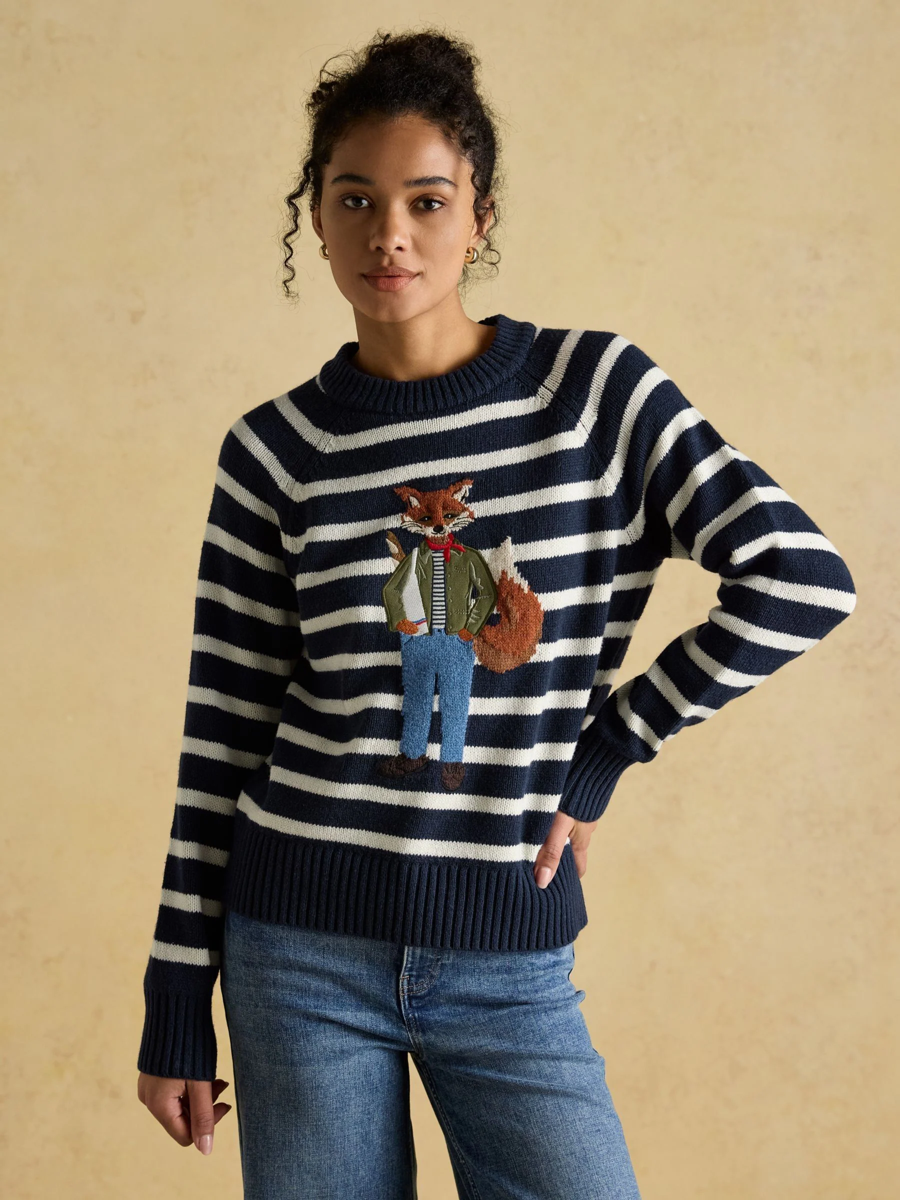 Navy Jonty Fox - Joules Intarsia Cotton-Rich Crew Neck Jumper