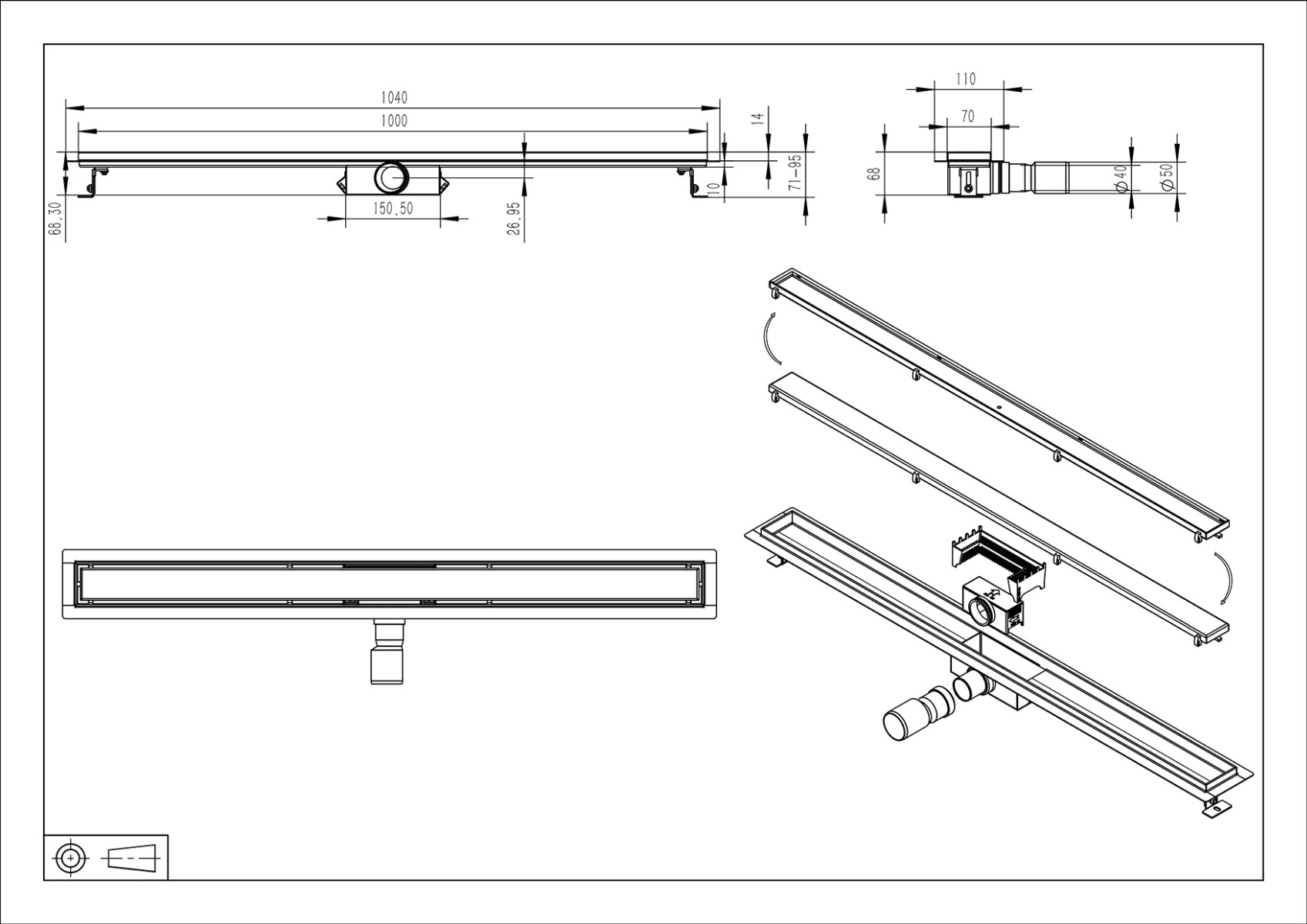 Mueller Ferro douchegoot met tegelrooster en flens 100x7cm gunmetal