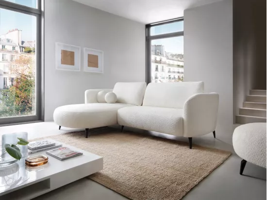 Canapé d'angle gauche convertible en tissu bouclette blanc ivoire AREMIA