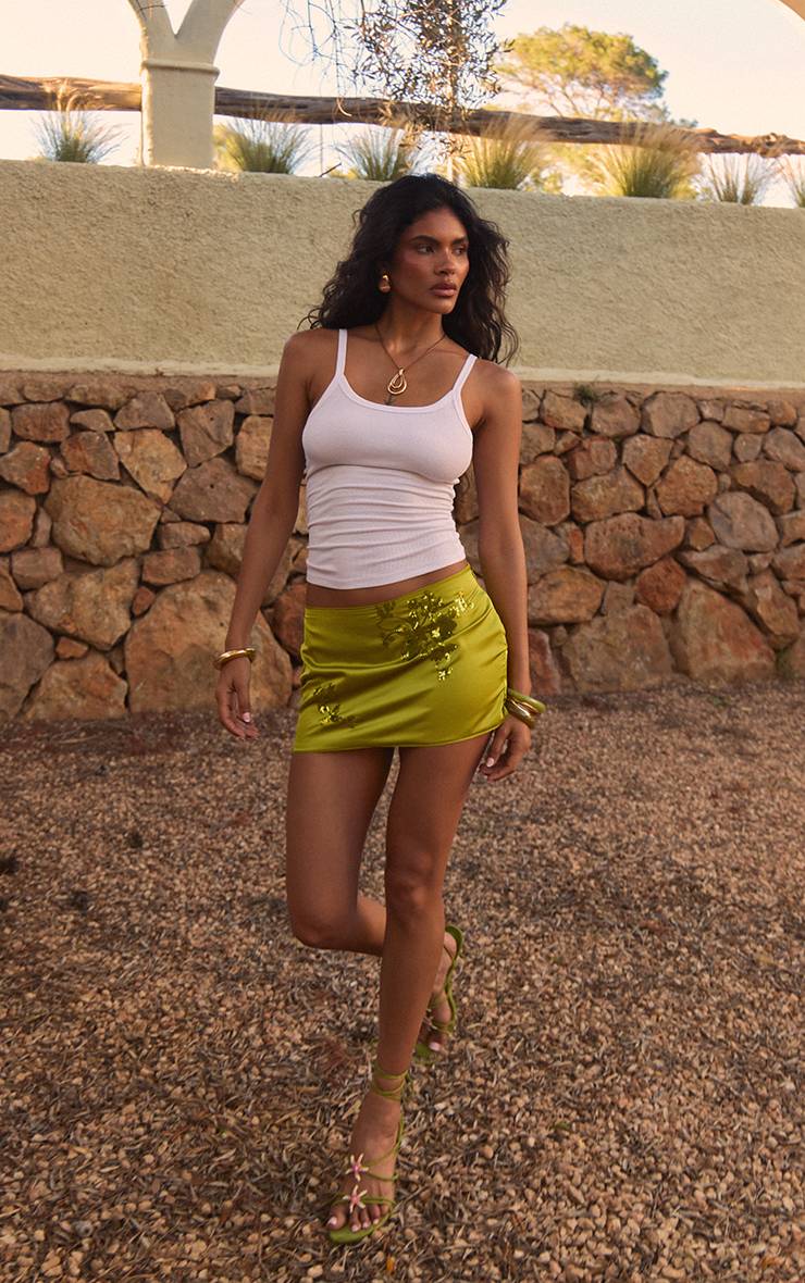 Vert Olive Mini-jupe Satinée À Sequins Taille Basse