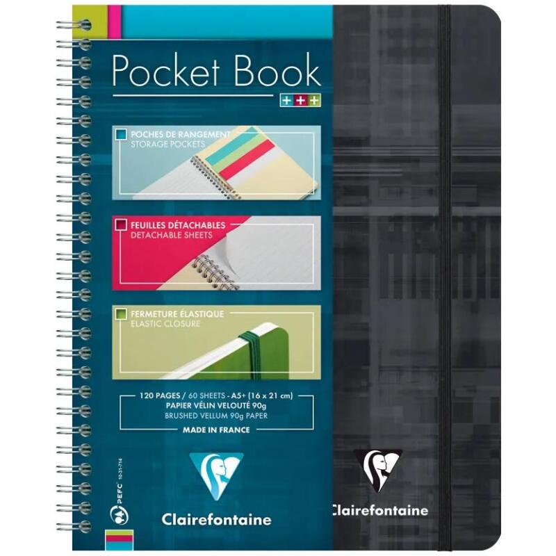Pocket Book cahier reliure intégrale à élastique A5+ 60 feuilles détachables ligné Couleur aléatoire - Assortis