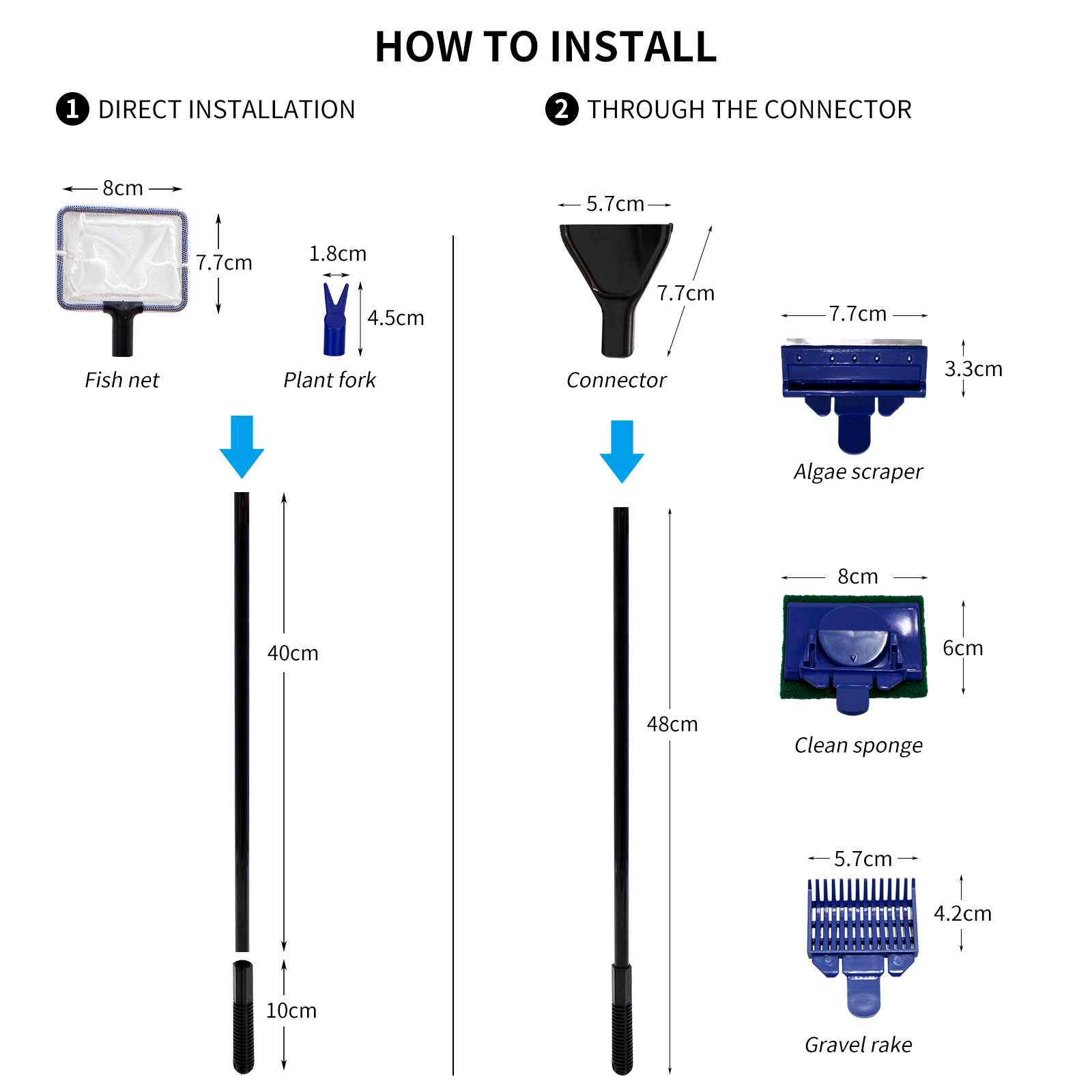 Nobleza - Kit de Limpeza para Aquário 5 em 1 com Rede, Esponja de Limpeza em Ângulo Reto, Rastelo para Cascalho, Raspador de Vidro e Esponja Plana Grande