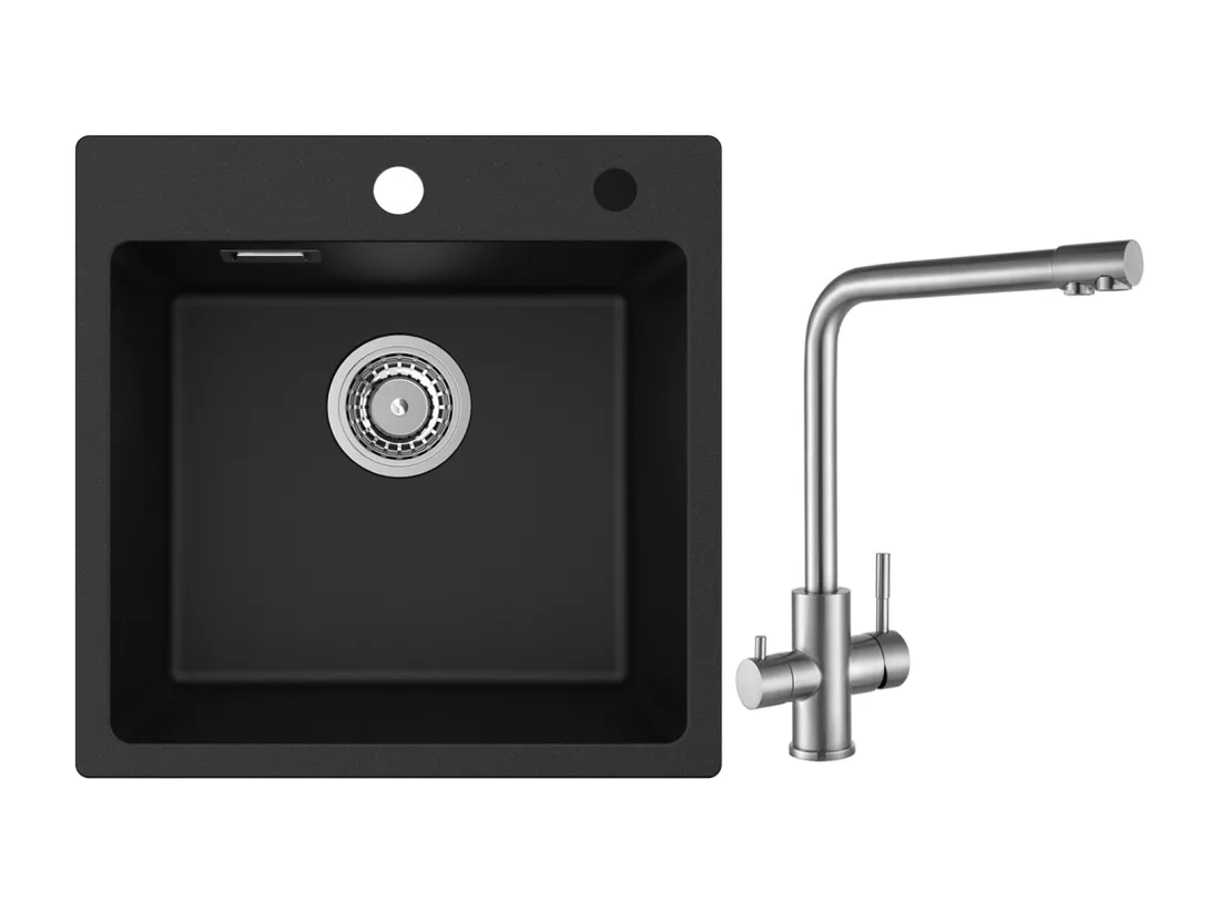 Cecipa MAX Evier 1 Bac en Quartz et Résine Noir 45x45cm Evier à Encastrer + Mitigeur Cuisine pour Sstème D'osmose