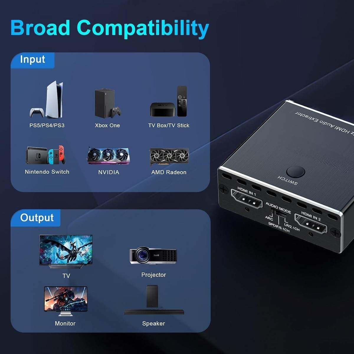 NÖRDIC HDMI 2.1 bryter og avtrekker 8K60Hz 4K120Hz ARC CEC EDID, S/PDIF og AUX avtrekker