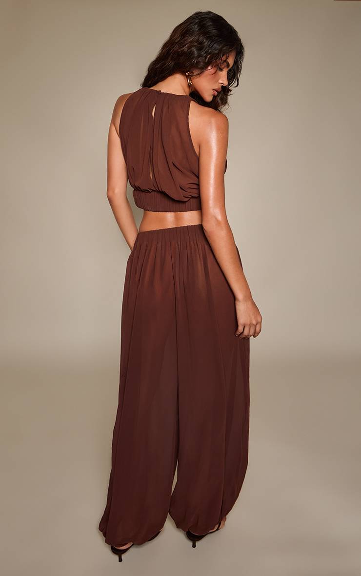 Marron Ensemble Coordonné Pantalon Ballon En Mousseline Avec Bande Froncée