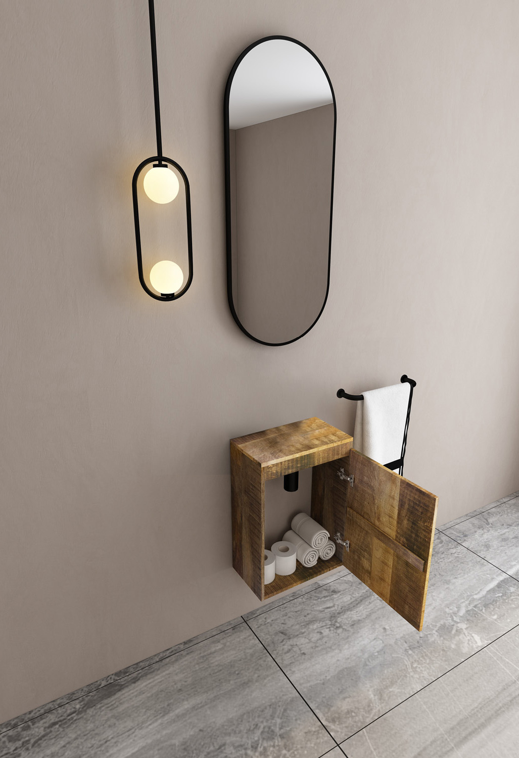 MD Interior Bello toiletmeubel mangohout rechts met toiletmeubel plank