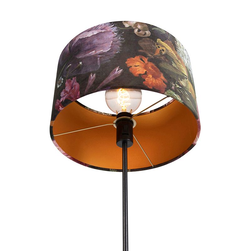 Vloerlamp zwart met velours kap bloemen 35 cm - Parte