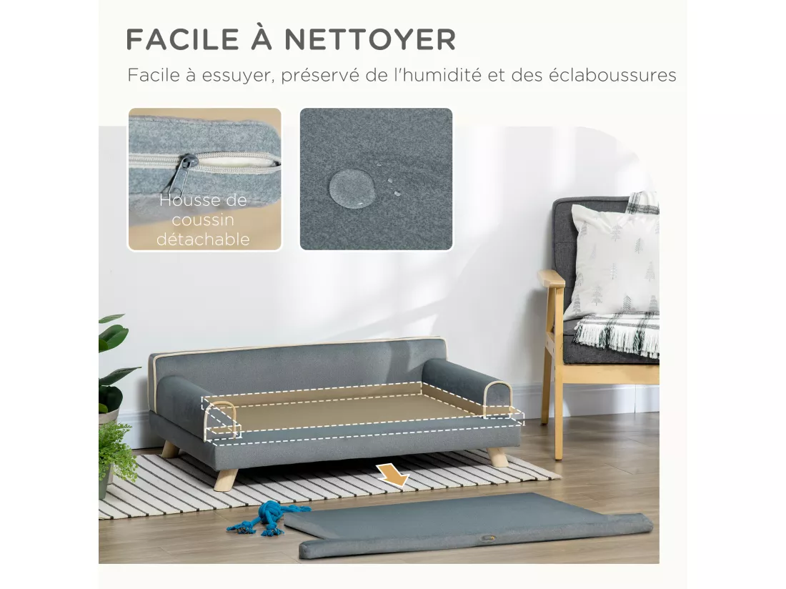 Canapé chien lit pour chien design scandinave coussin moelleux piètement bois dim. 100L x 62l x 32H cm polyester gris