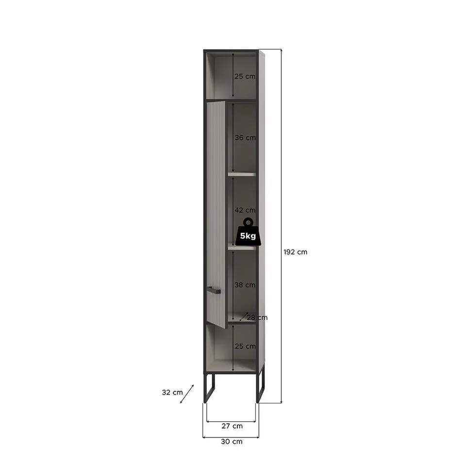Hioshop Bagno kolomkast 1 deur 2 vakken lichtgrijs- crèmekleurig