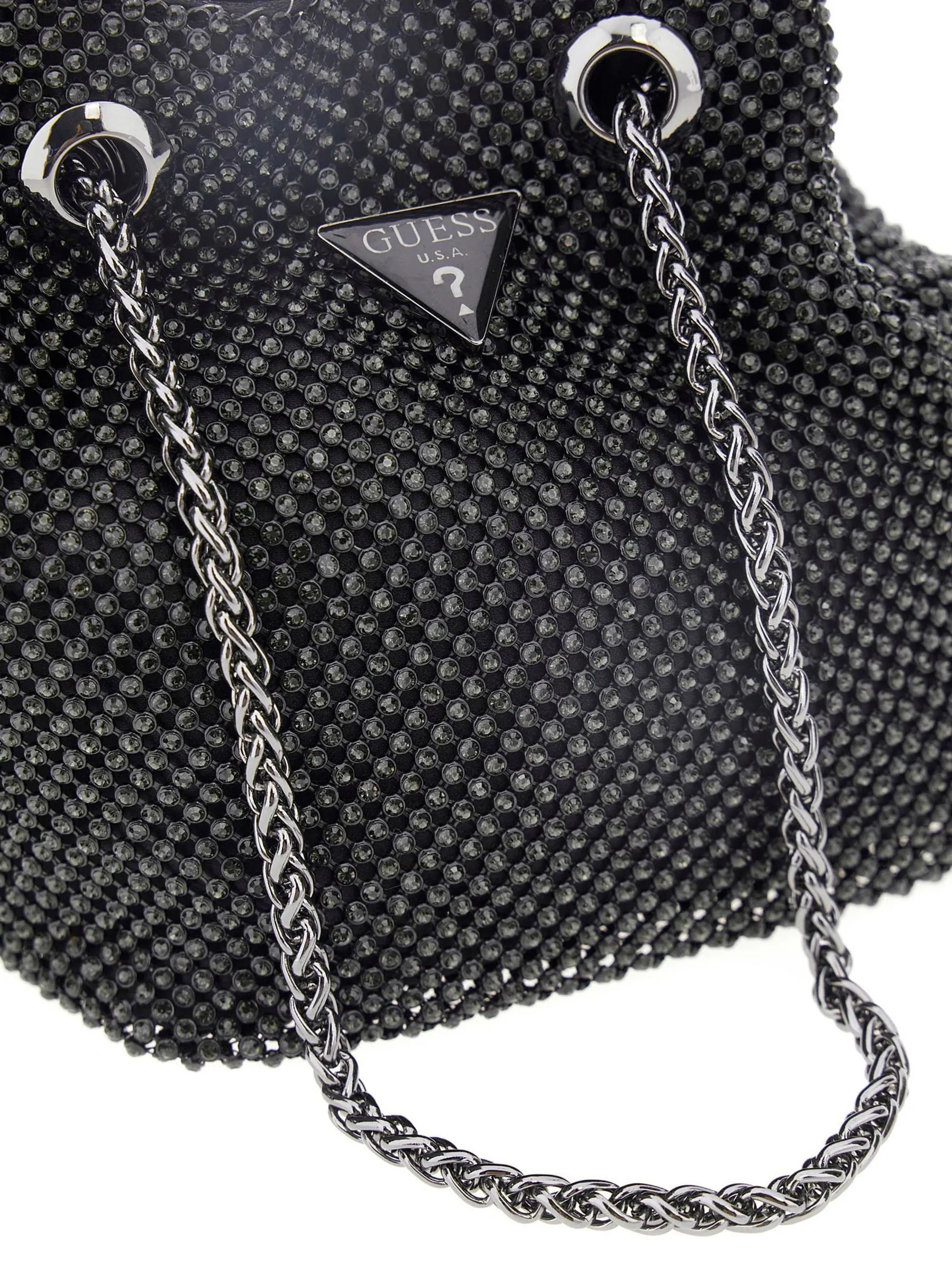 Zwart - Guess Zalina Rhinestone Embellished Pouch Bucket Bag