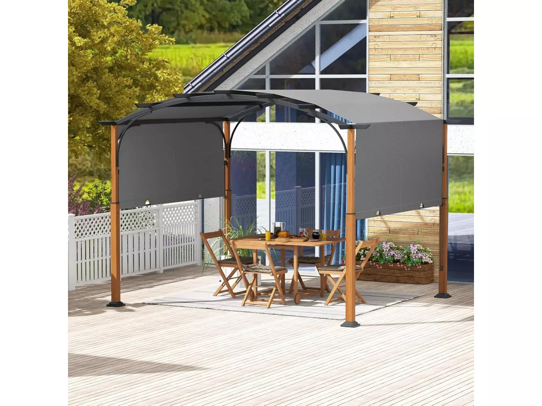 Pergola Rétractable d'Extérieur 300 x 360 CM, Pergola Métallique à Arcs pour Patio avec Auvent Rétractable Poteaux Aspect Bois, Tonnelle Treillis pour Jardin Patio Porche Cou (Gris)