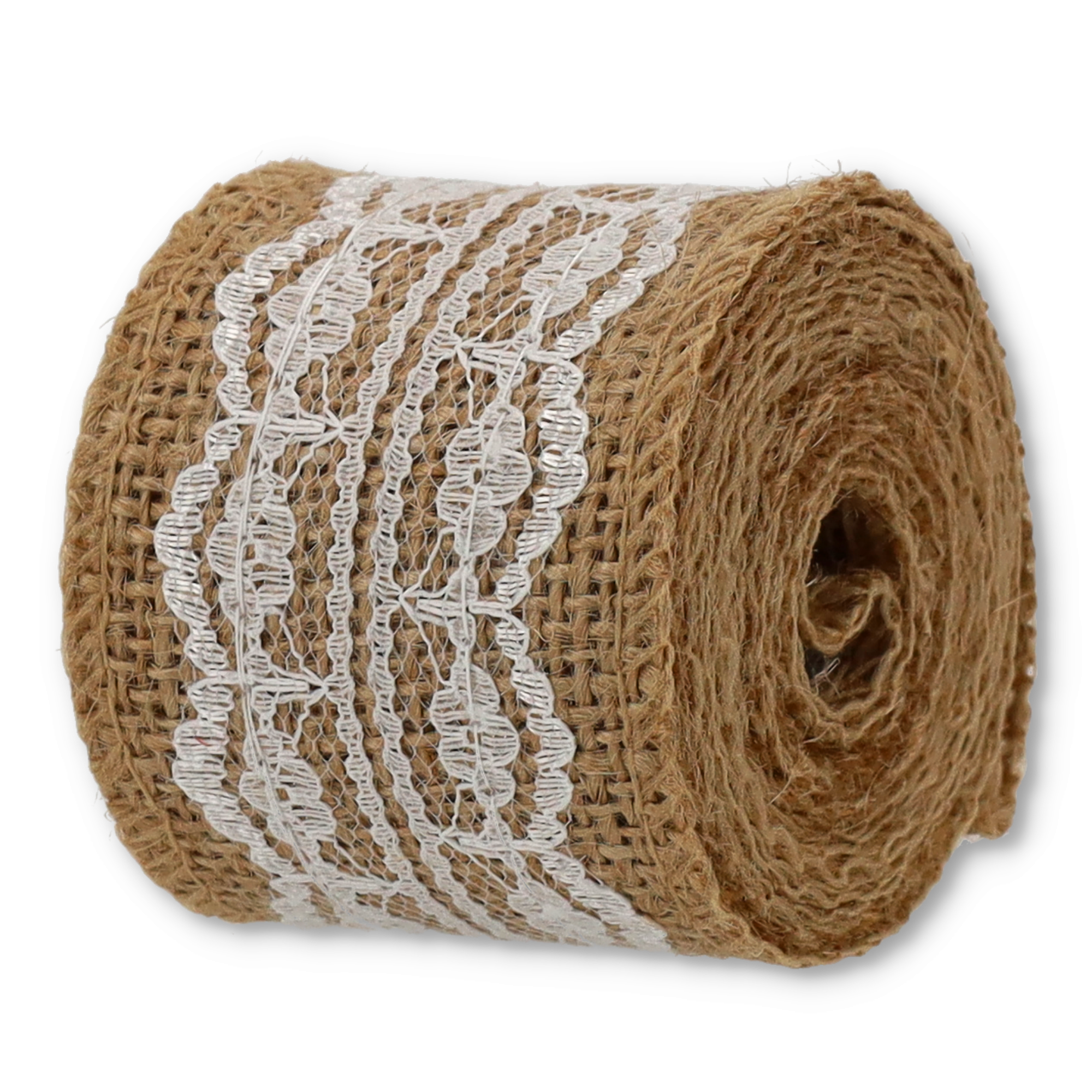 (5er Set) 50mmx2m Jute Geschenkband Vintage Deko Hygge Lifestyle Band mit Spitzenbordüre - Braun / Weiss