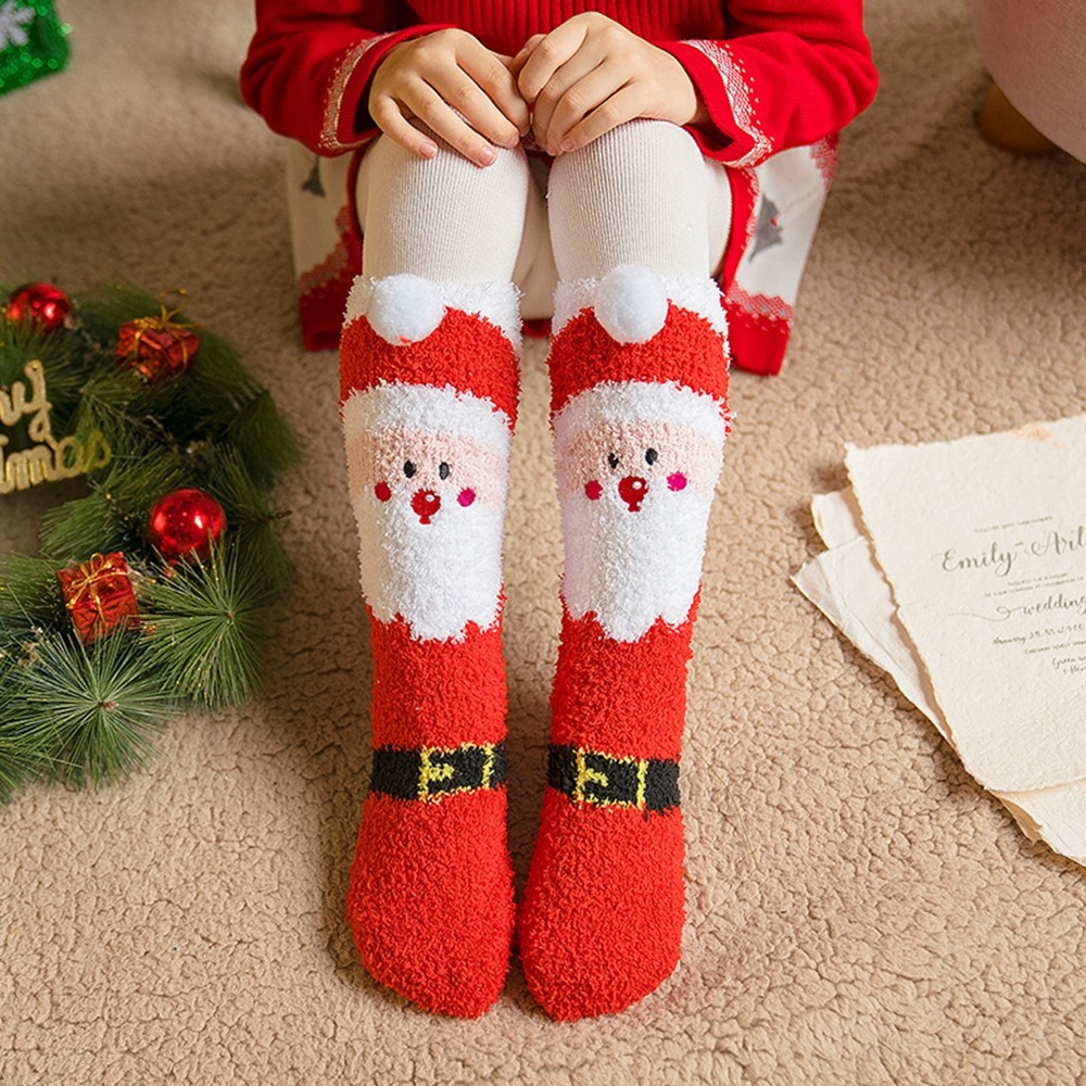 (1 Paar) Weihnachts Kuschel Socken Wintersocken Christmas Füsslinge Flauschige Bettsocken (One Size) - Weihnachtsmann