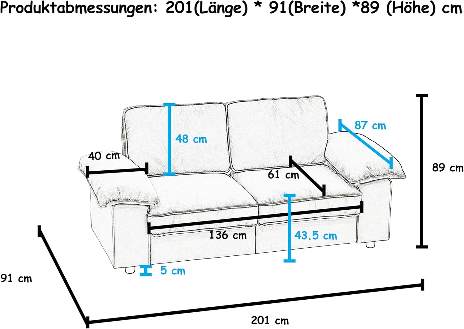 Sofa 2 Sitzer mit Stauraum, Ecksofa mit Schlaffunktion, Elegantes Skandinavisches Schlafcouch, Modernes Sofa Bed, Ist Kuschlig, für Wohnzimmer/Schlafzimmer/Büro, 201cm, Velvet, Schwarz