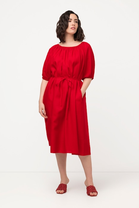 Midikleid, Bindegürtel, Rundhals, Ballon-Halbarm