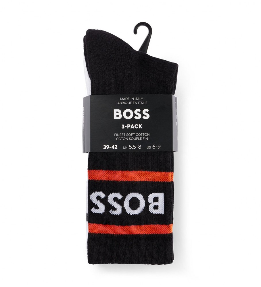 Pacote com 3 pares de meias listradas BOSS, brancas e pretas.