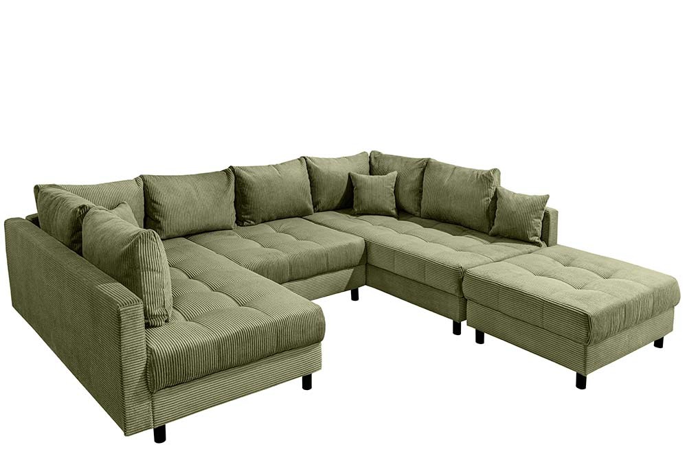 Moderne XXL Wohnlandschaft KENT 305cm grün Cord Bigsofa inkl. Hocker Federkern