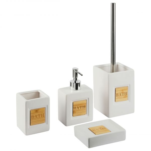 Beliani Conjunto de Acessórios de Casa de Banho em Dolomite Creme Saboneteira Dispensador de Sabão Recipiente de Escova Minimalista