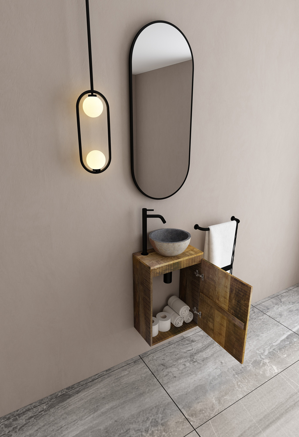 MD Interior Bello toiletmeubel mangohout met rivierstenen waskom rechts
