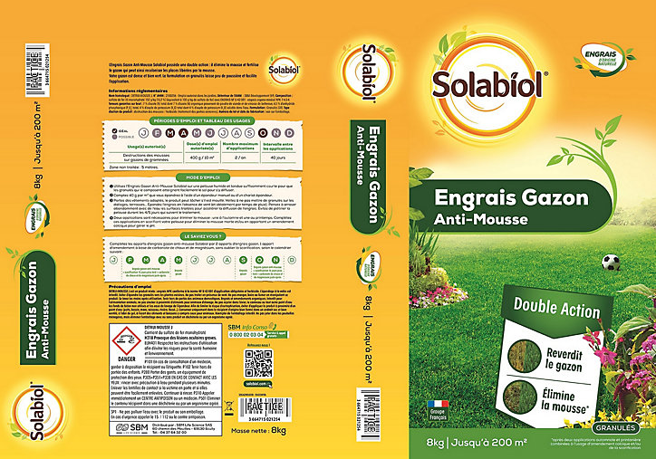 Engrais gazon antimousse Solabiol 200m²