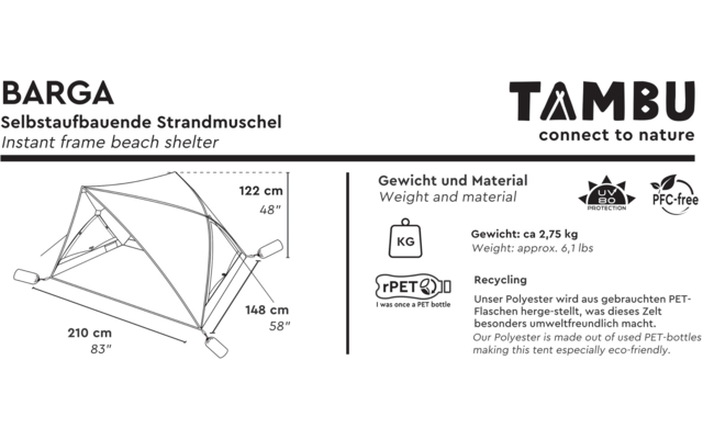 Tambu Barga Quick Set Up Strandmuschel 148 × 210 × 122 cm
