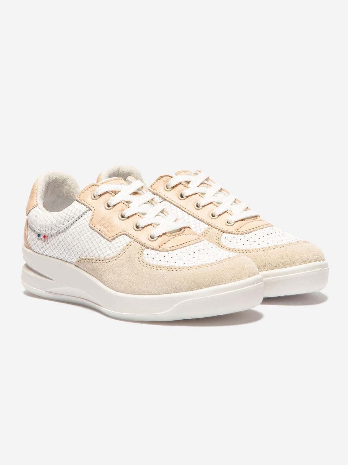 Baskets Femme Fabriquées en France Dessus Cuir Beige et Blanc