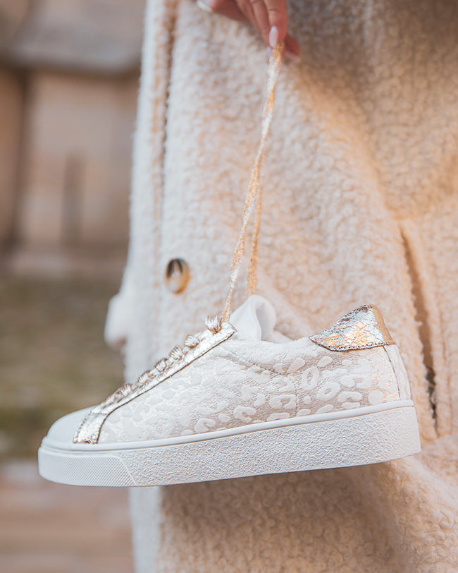 Basket femme blanche et dorée léopard à lacets - Eliana