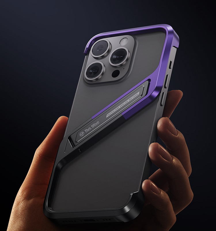 iPhone 16 Pro Alu Slim Case Hülle mit Rahmenlosen Bumper   Kickstand Aufsteller - Grau