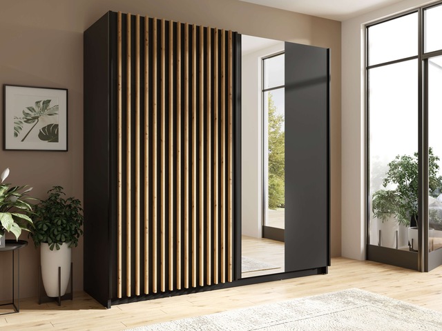 Home affaire Kleiderschrank »Kleiderschrank Camden mit Spiegel, 4 Einlegeböden und Kleiderstange« Garderobe mit 2 Schwebetüren und Lamellen, BxHxT 200,2x198,5x61,6 cm