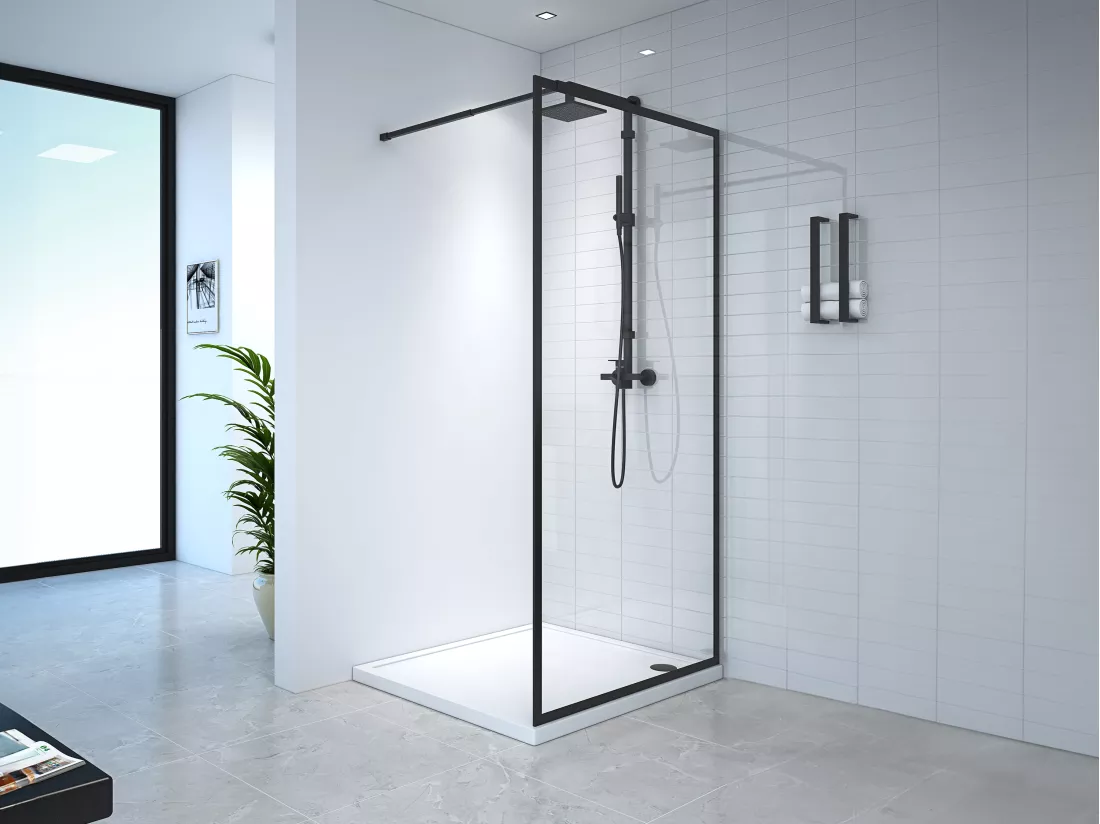 Paroi de douche à l'italienne - 100 x 200 cm - Noir mat - Verre trempé - AMBERI