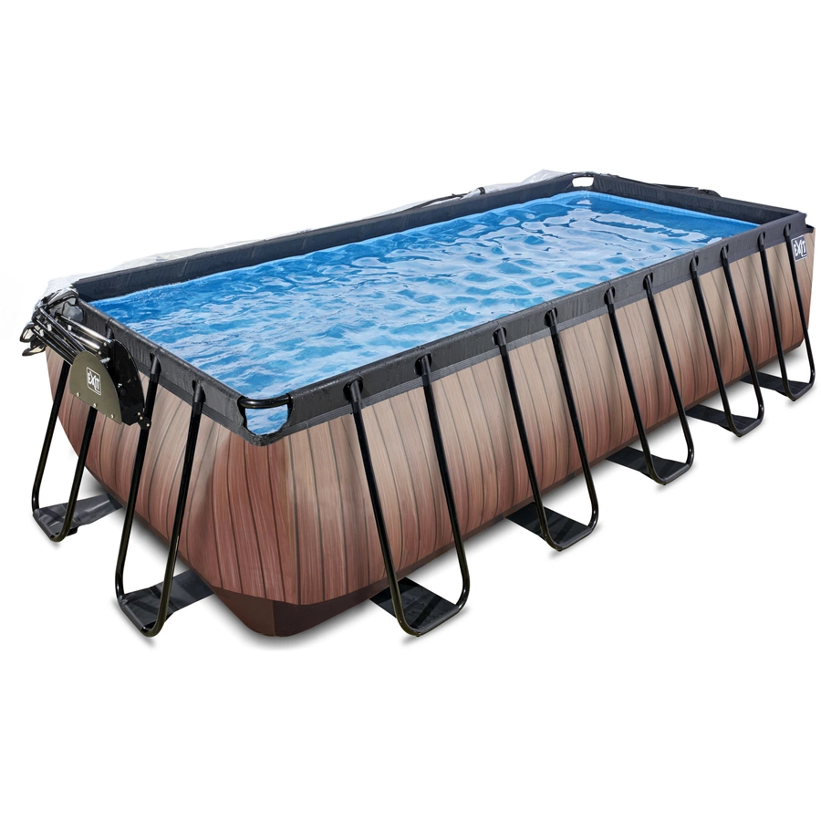 EXIT Wood Pool 540x250x122cm mit Abdeckung und Sandfilter- und Wärmepumpe, braun