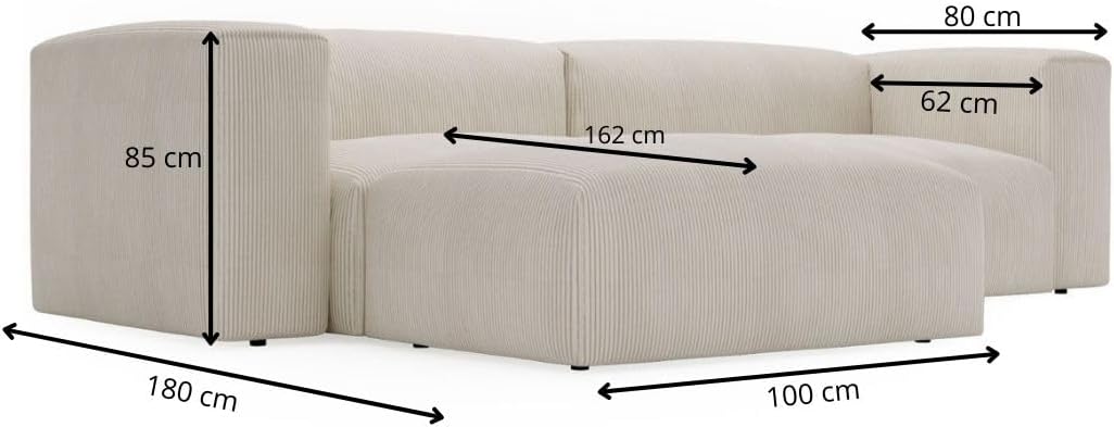 GRAINGOLD Landi Ecksofa 248x180 cm, L-Form Sofa, Ecksofa für Wohnzimmer, Cord Stoff, 4-Sitzer Eckcouch, Modernes Design (Creme, Links)