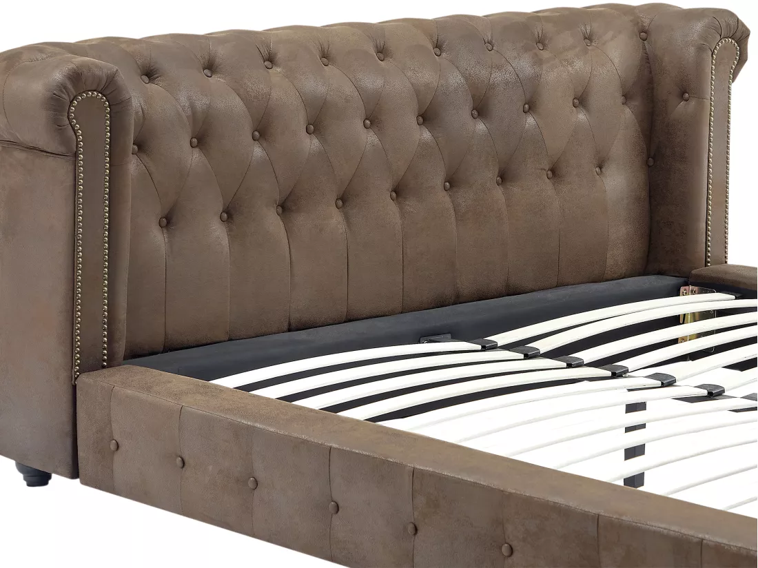 Lit chesterfield 160 x 200 cm - Tissu effet cuir vieilli - Marron - TONGERLA
