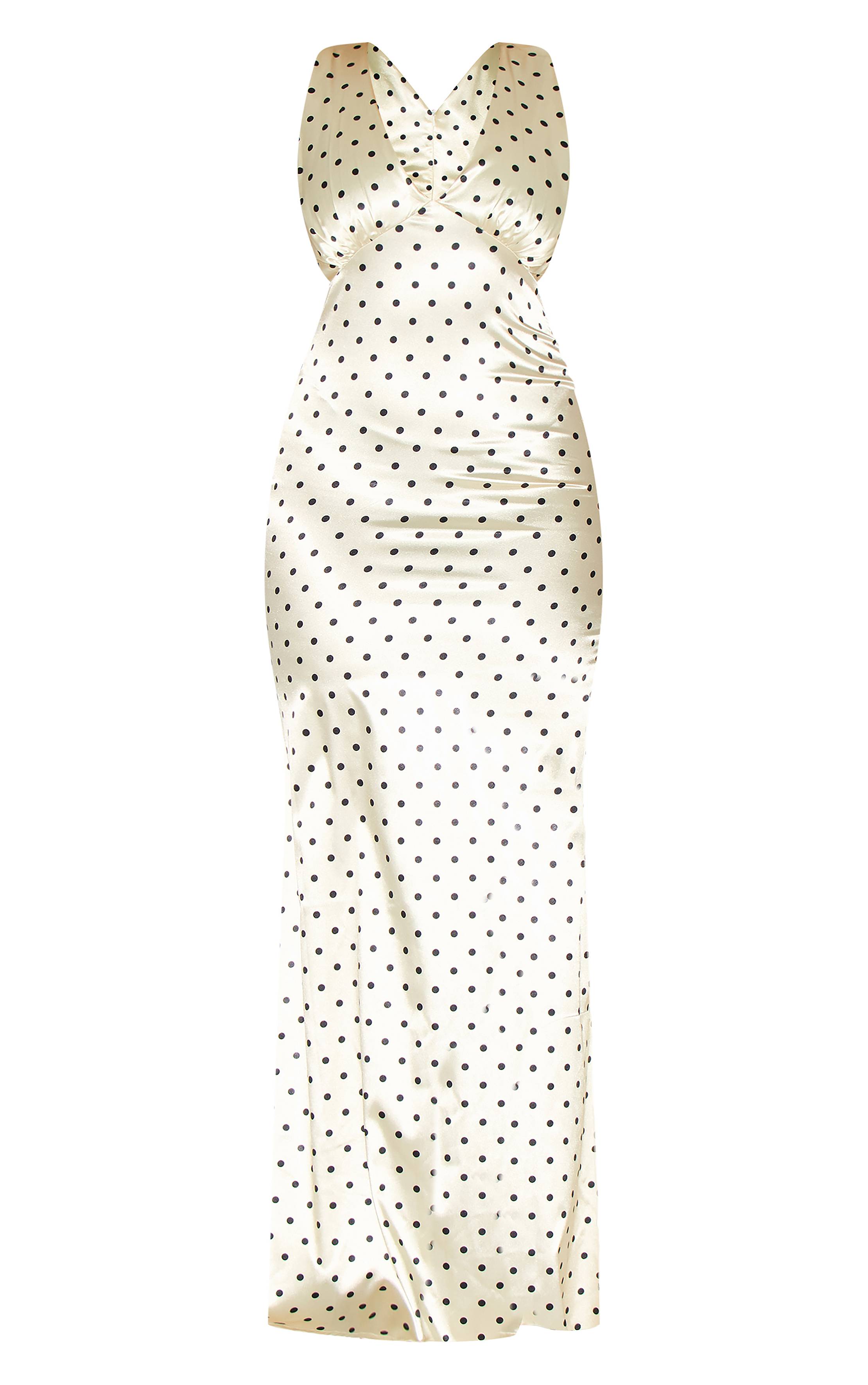 Pale Yellow Robe Longue Shape À Pois En Satin Avec Décolleté Plongeant