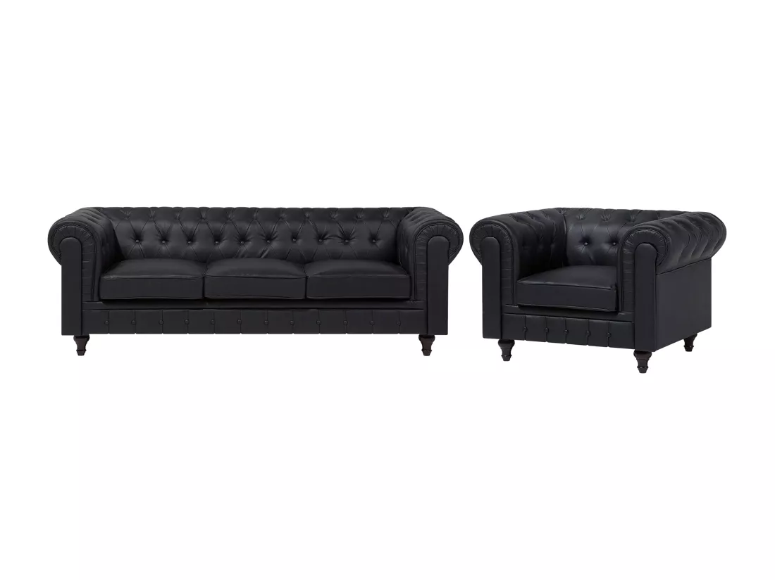 Ensemble canapé et fauteuil en cuir PU noir 4 places CHESTERFIELD Big