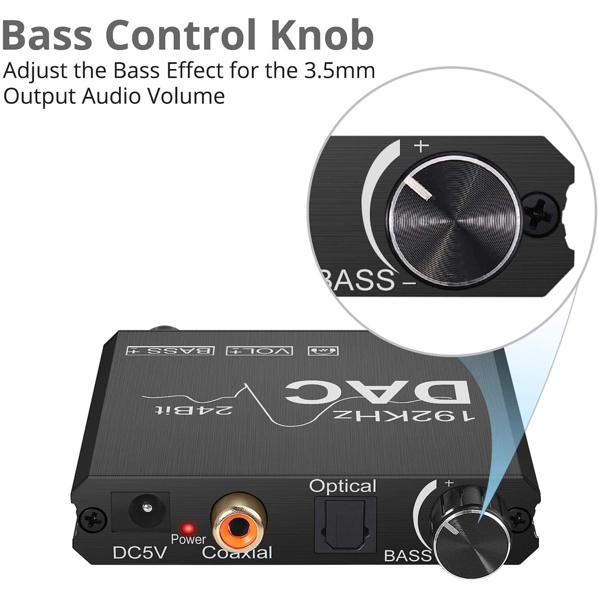 NÖRDIC DAC Digital til analog konverter 192KHz Digital Toslink og koaksial til analog l / r og 3,5 mm stereo med bass og volumkontroll