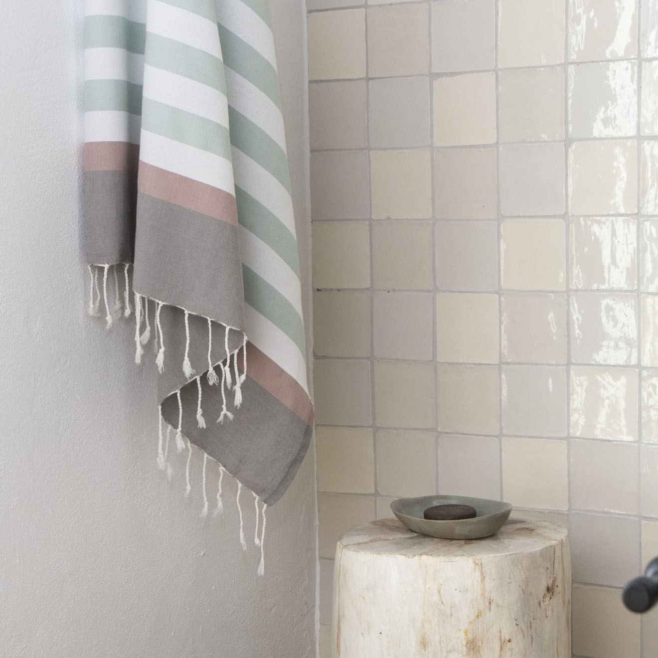 Febronie Fouta Arcachon vert d'eau/blanc/rose pâle/gris perle - 100x200 cm