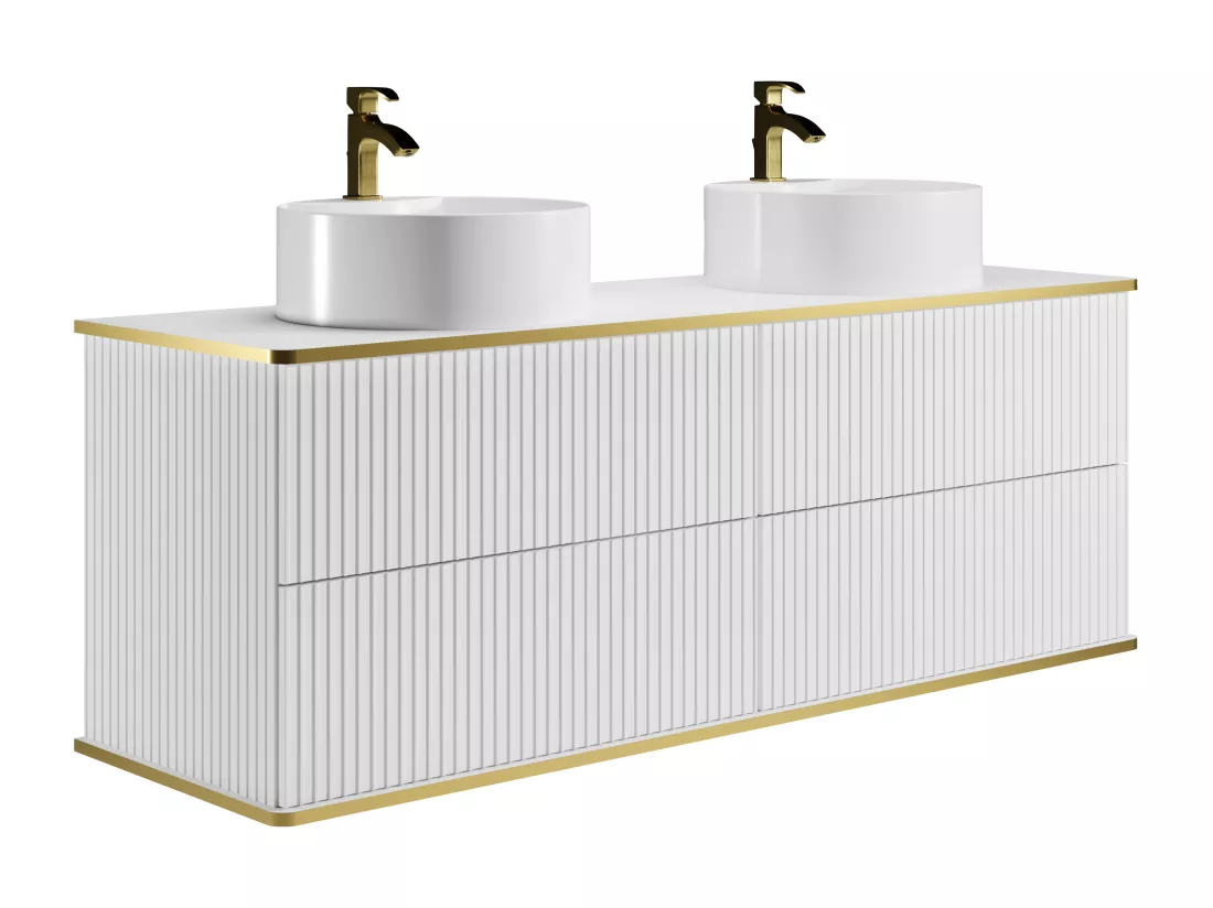 Meuble de salle de bain suspendu strié liseré doré avec double vasque à poser ronde - Blanc - 150 cm - KELIZA
