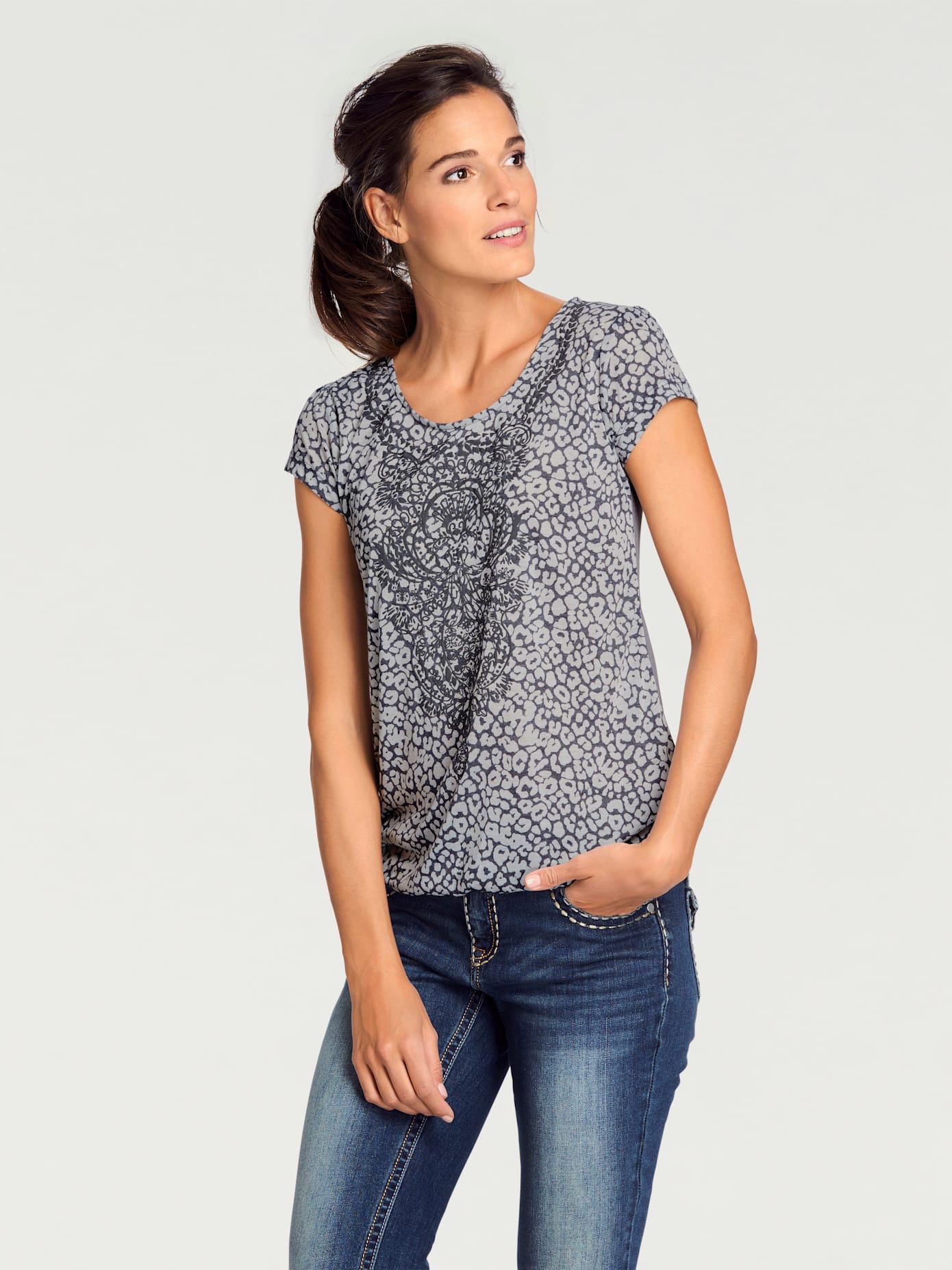 T-shirt à encolure ronde qualité dévoré, imprimé effet ton sur ton