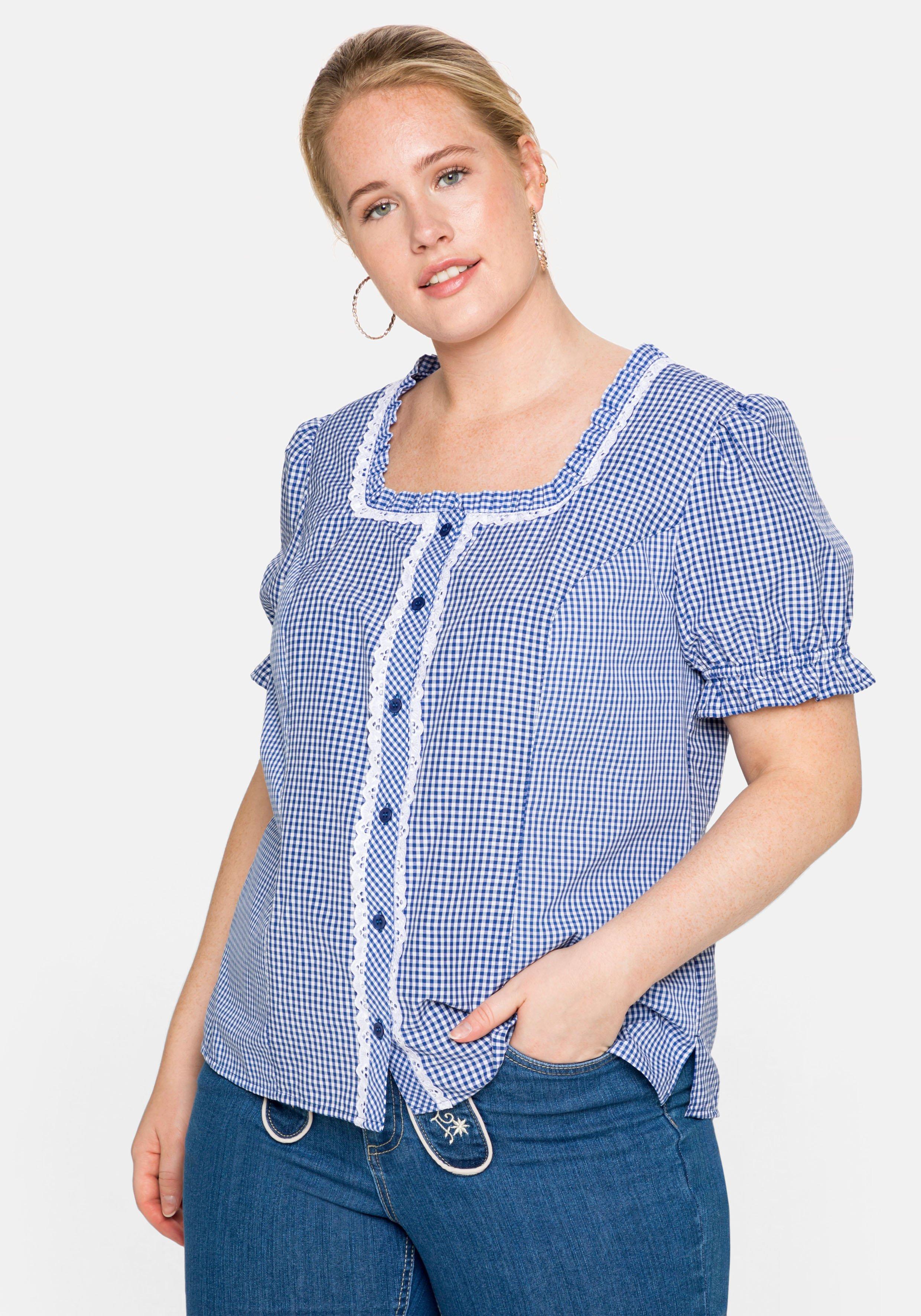 Trachtenbluse im Karo-Design, mit Spitzenbesatz