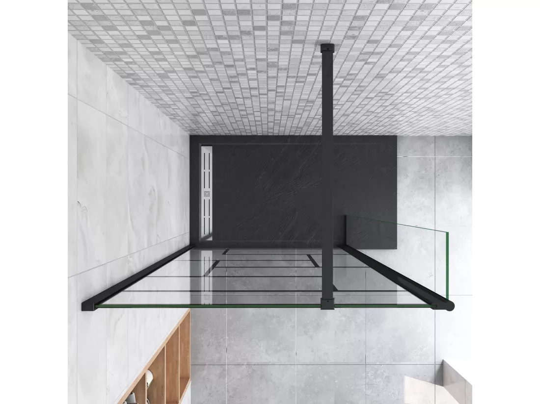 Paroi de douche fixe à l'italienne 80+40x200cm avec retour pivotant - Noir - avec barre de fixation 90cm recoupable