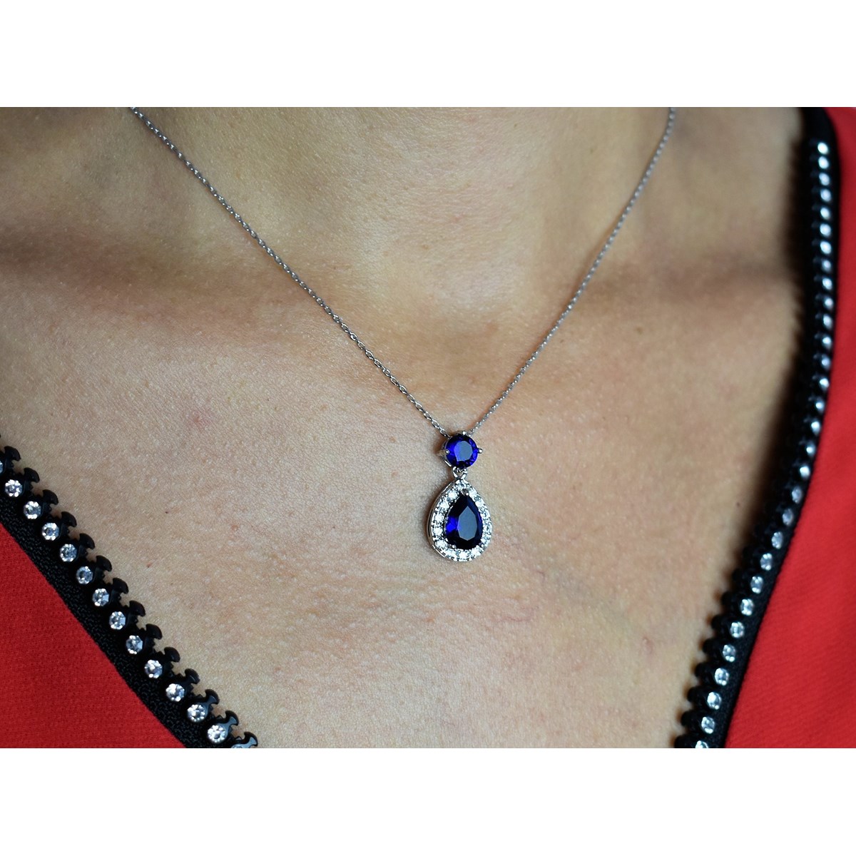 Collier goutte oxyde de zirconium bleu roi pendant argenté