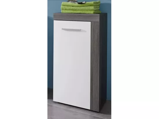 Rangement salle de bain 1 porte mélaminé blanc et gris Anide
