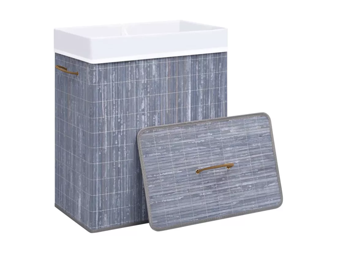 Panier à linge avec 2 sections bambou gris 100 L