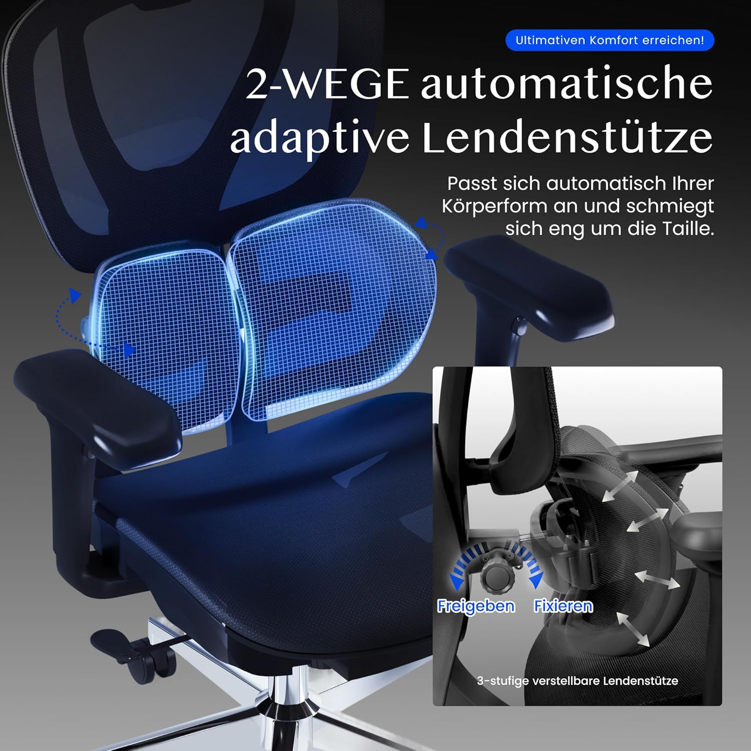FLEXISPOT Sentinel Ergonomischer Bürostuhl mit Dual-Wing-Lendenstütze, 3D-Kopfstütze & Armlehnen, Verstellbarer Sitztiefe, Rückenlehne, & ausziehbarer Fußstütze, Arbeitsstuhl für Büro (Schwarz)