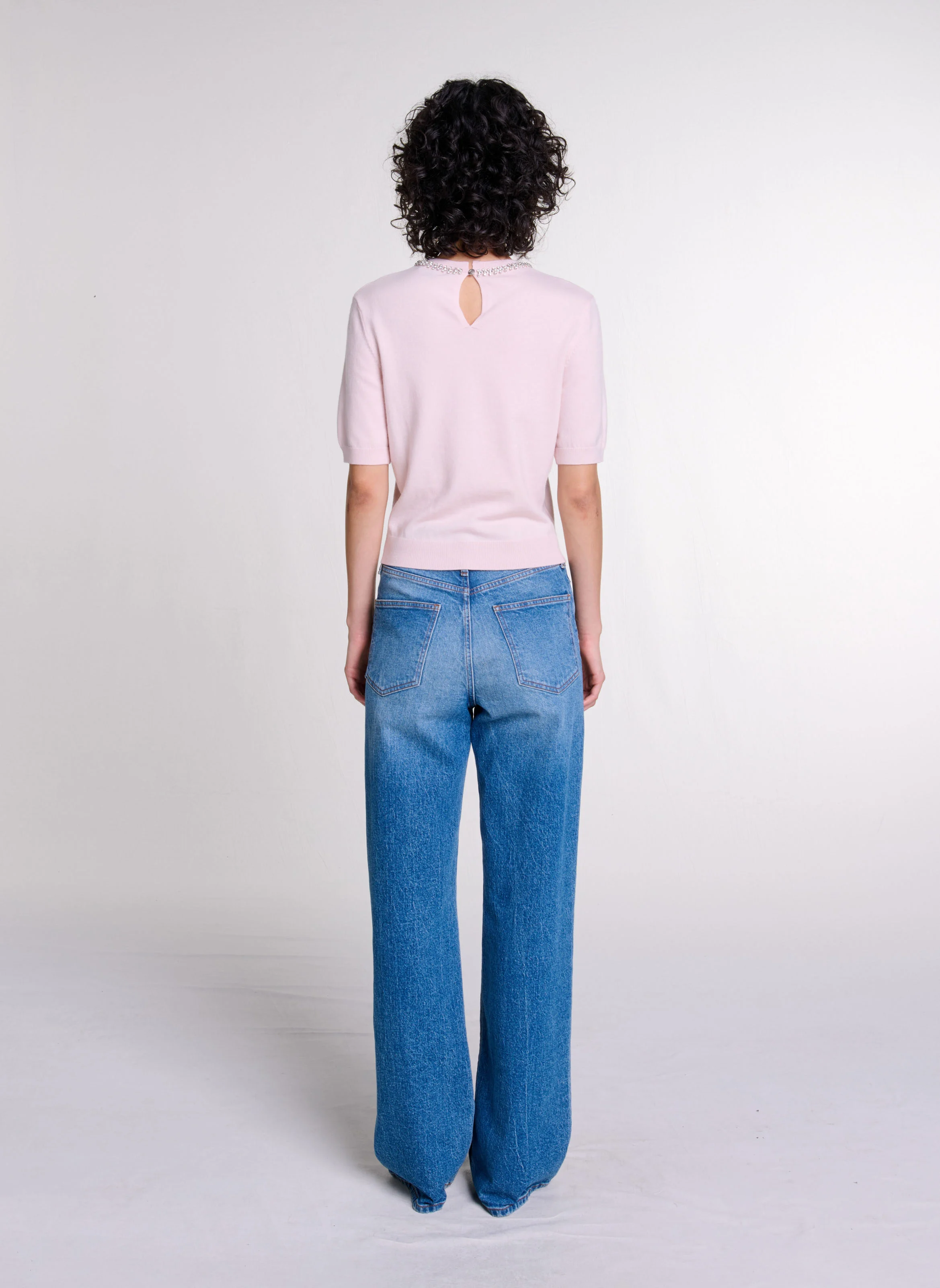 Top droit col rond à strass en laine mélangée | Rose